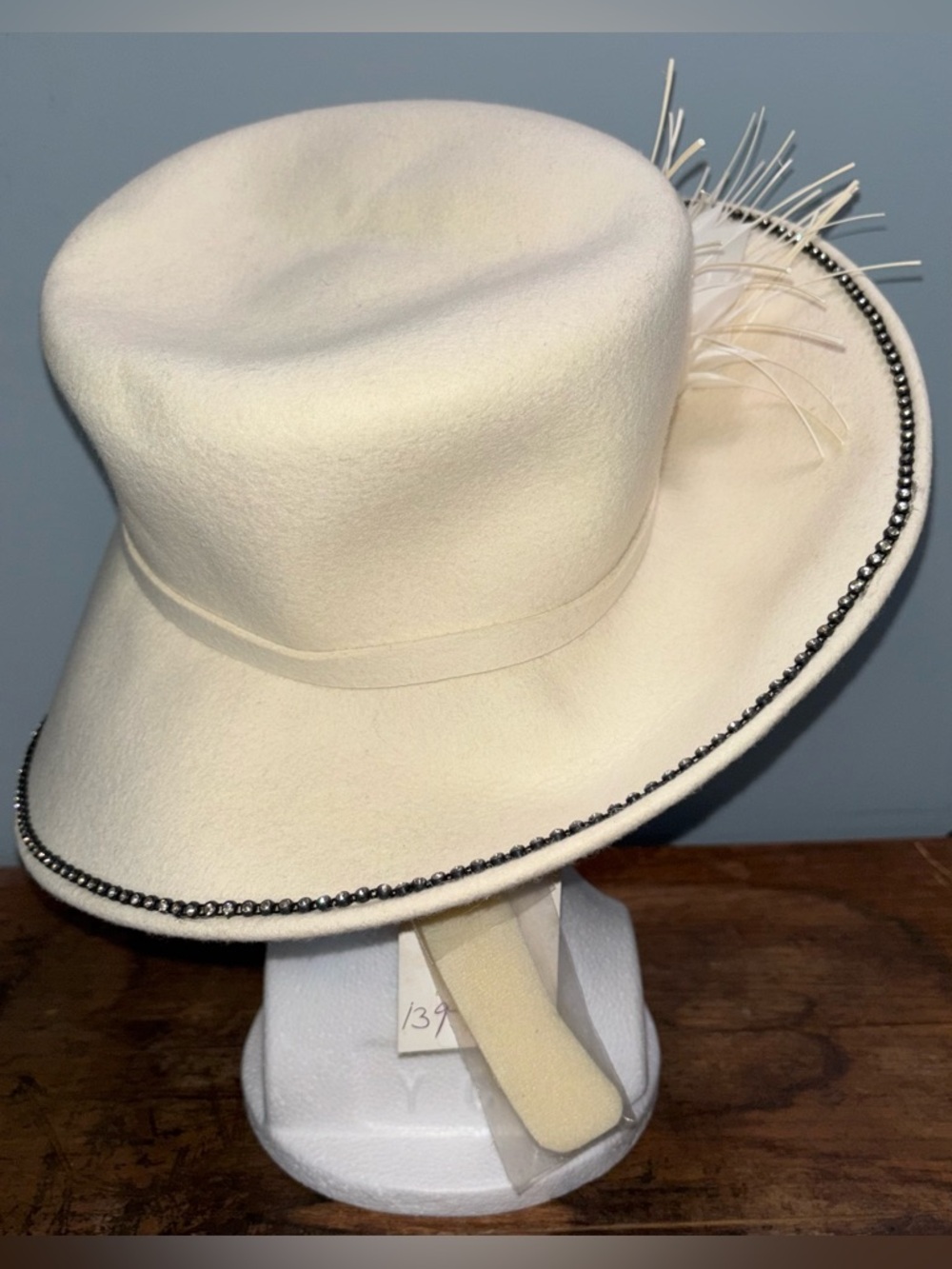 Faranak New York Women’s Hat Ivory Wide-Brim Floral Rhinestones Derby Church - Picture 3 of 6
